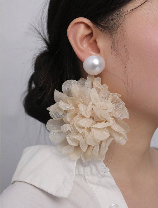 Faux Pearl Snowflake Tulle Lace Big Flower Earrings