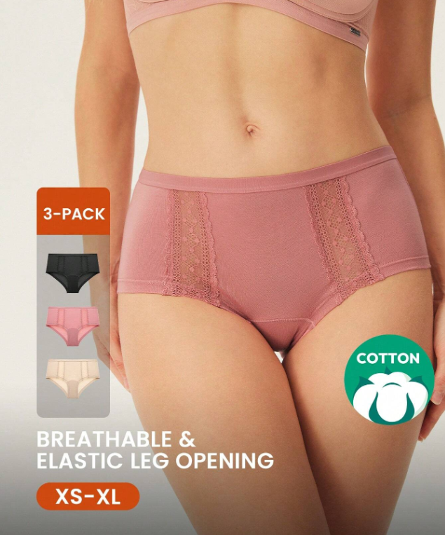 DREAM 3-Pack Lace Cotton Mid Waist Boyshorts Set