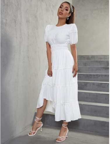 White Cinched Ruffled Hem Short Sleeve Dress