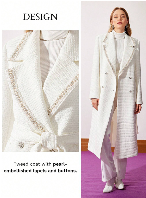 Belted Pearl Trim Tweed Coat