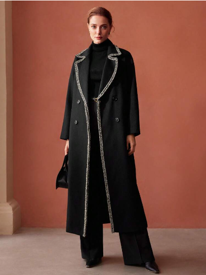 Wool-Blend Contrast Trim Coat