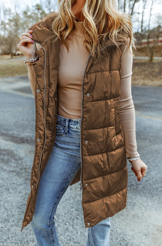 Hooded Long Quilted Vest Coat