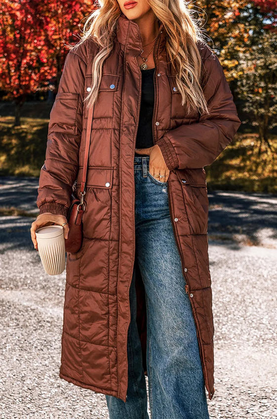 Quilted Puffer Stand Neck Zipped Mid-length Coat