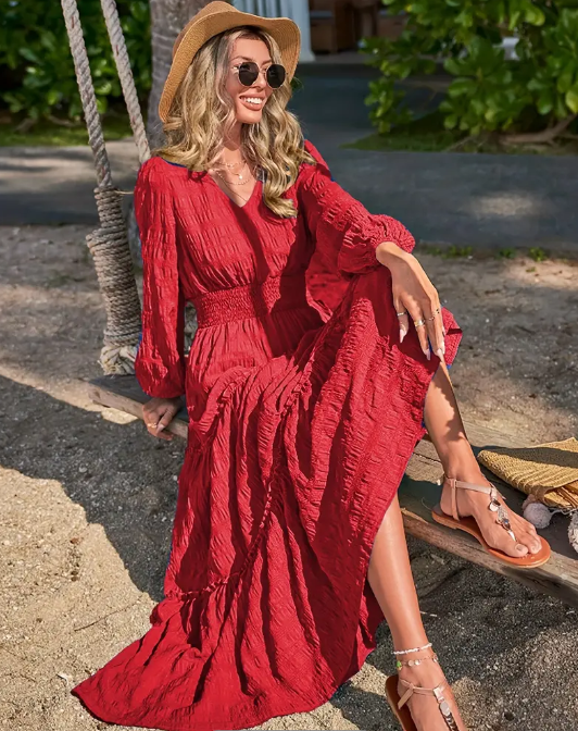 V-neck Textured Maxi Dress
