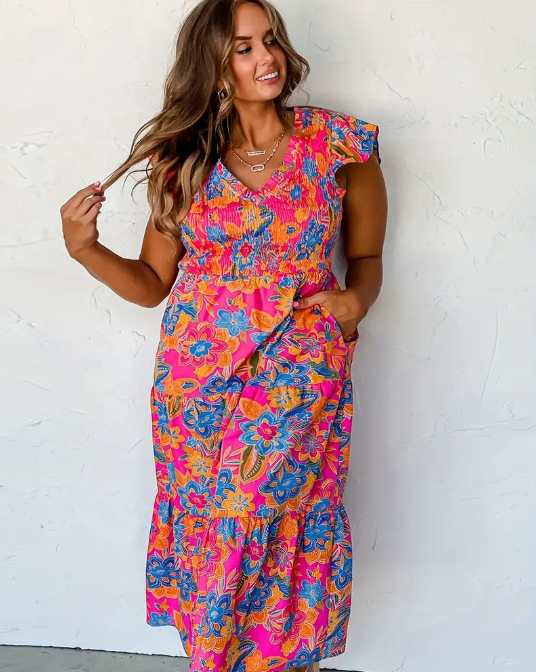Floral Print Tiered Pocket Dress