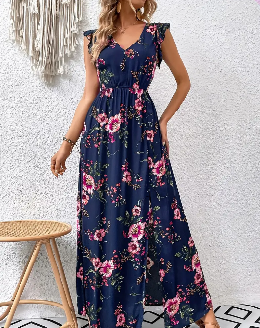 Floral High Waist Swing Maxi Dress