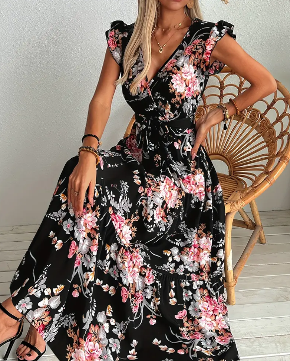 Belted Floral Print Swing Dress