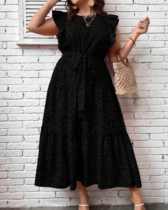 Curvelicious Pin Dot Print Belted Dress