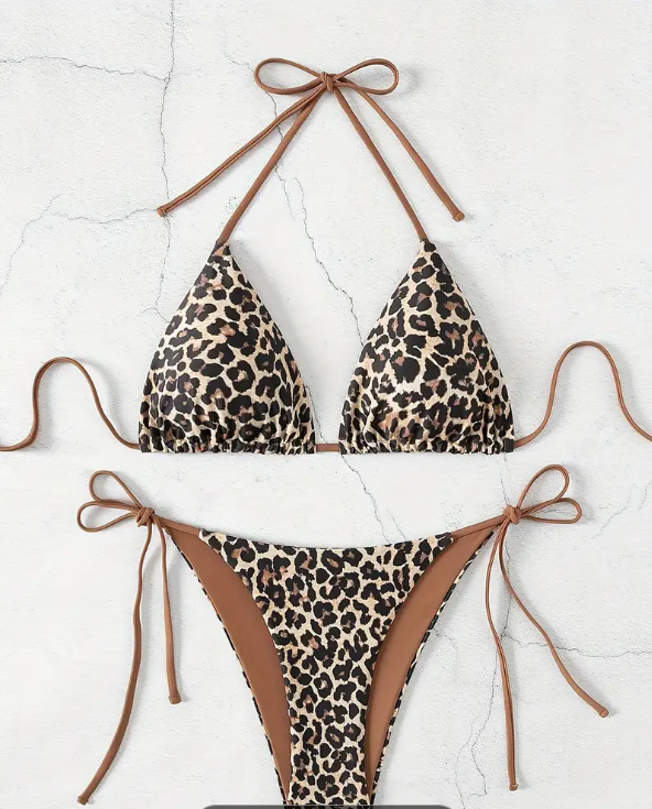 Leopard Print Triangle Halter Neck Bikini
