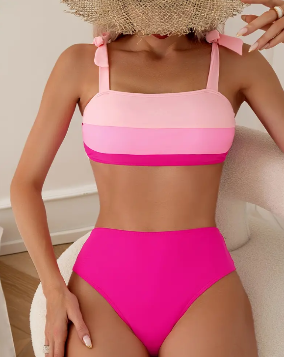 Pink Color Block Bikini Set 