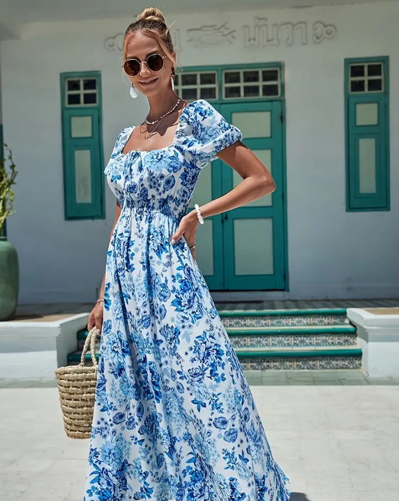 Floral Print Shirred Bodice Dress
