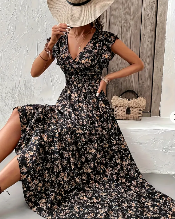Black Floral Print Shirred Waist Dress