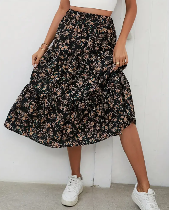 Floral Print Elastic Waist Skirt