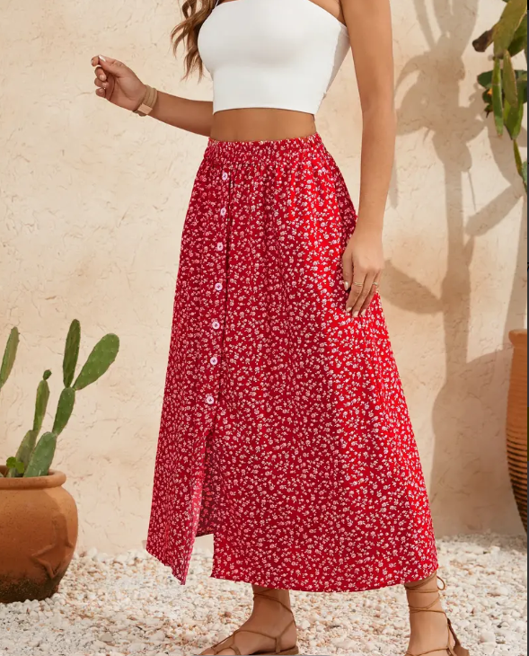 Red Floral A-line Skirt