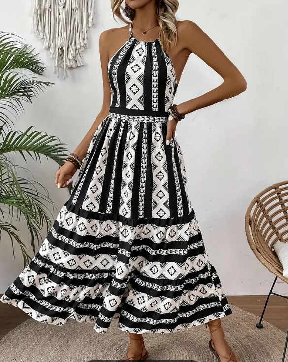 Geo Print Backless A-line Cami Dress