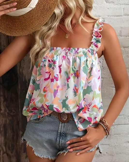 Floral Print Ruched Strap Tank Top