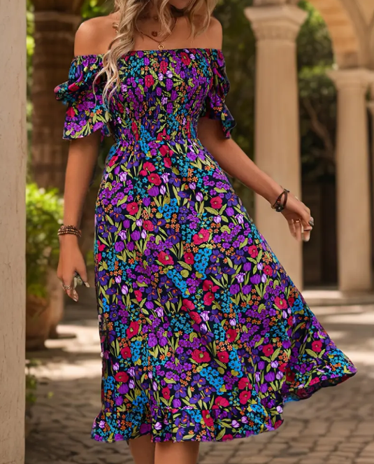 Charming Floral Print Shirred Dress