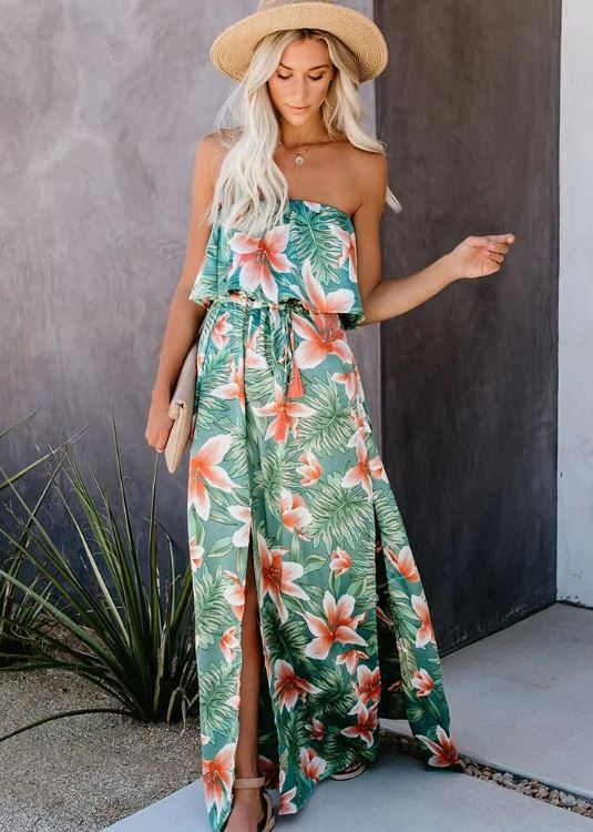 Tropical Print High Slit Strapless Dress