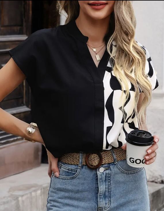 Color Block Notch Neck Blouse