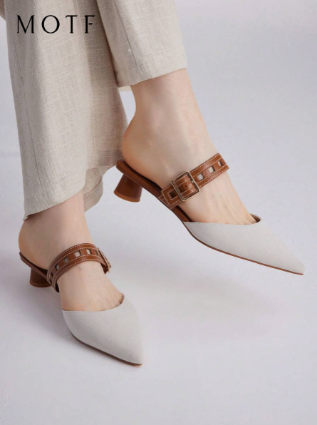 MOTF PREMIUM POINTED TOE LOW HEEL ELEGANT TWOTONE LADY HIGH HEELS