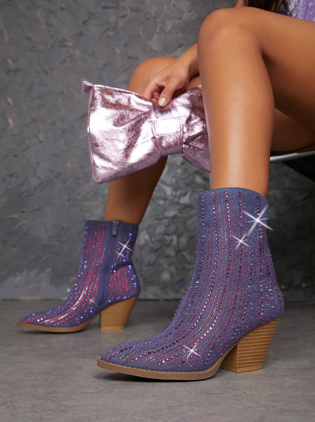 SHUZIA Rhinestone Decor Side Zipper Chunky Boots