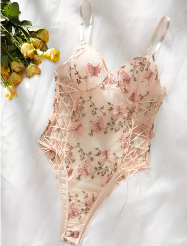 Butterfly Embroidery Semi Sheer Intimate Bodysuit Lingerie