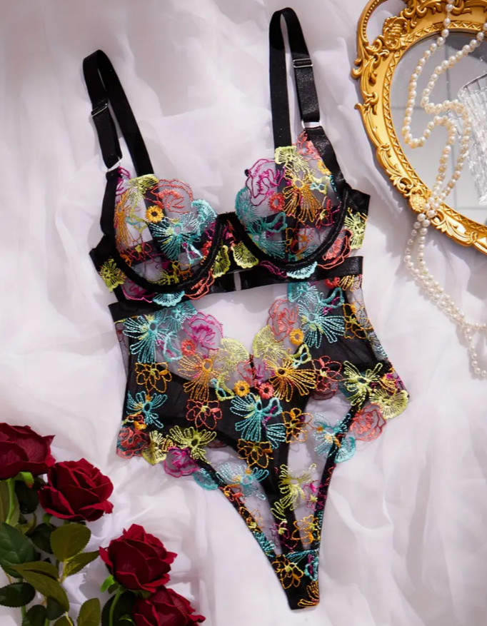 Embroidered Mesh Bodysuit Lingerie