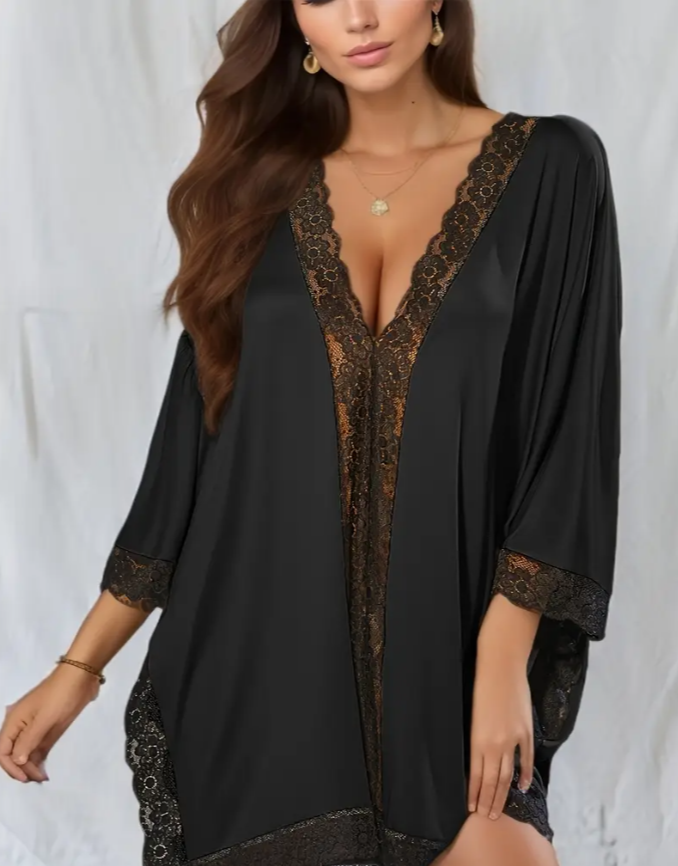 Lace Panel Batwing Sleeve V Neck Split Sleep Dress