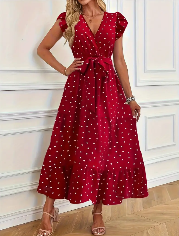 Heart Print Surplice Neck Dress