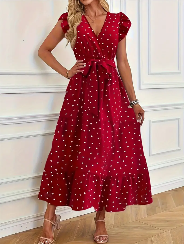 Heart Print Surplice Neck Dress