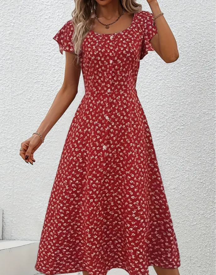 Floral Print Button Decor Dress