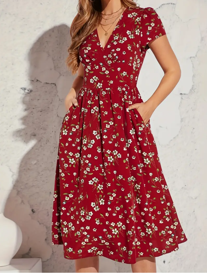 Women&#39;s V-Neck Floral Print A-Line Dress