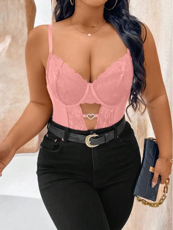 NU&amp;NOW Plus Size Lace Patchwork Hollow Out Sexy Sleeveless Bodysuit