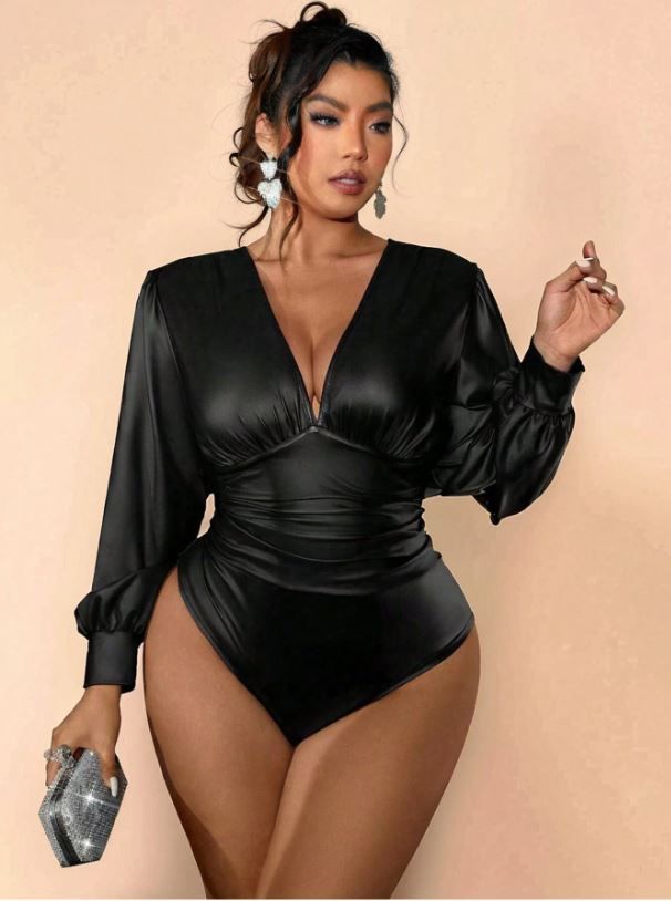 NU&amp;NOW Plus Size Women Deep V-Neck Lantern Sleeve Ruched Waist Bodysuit