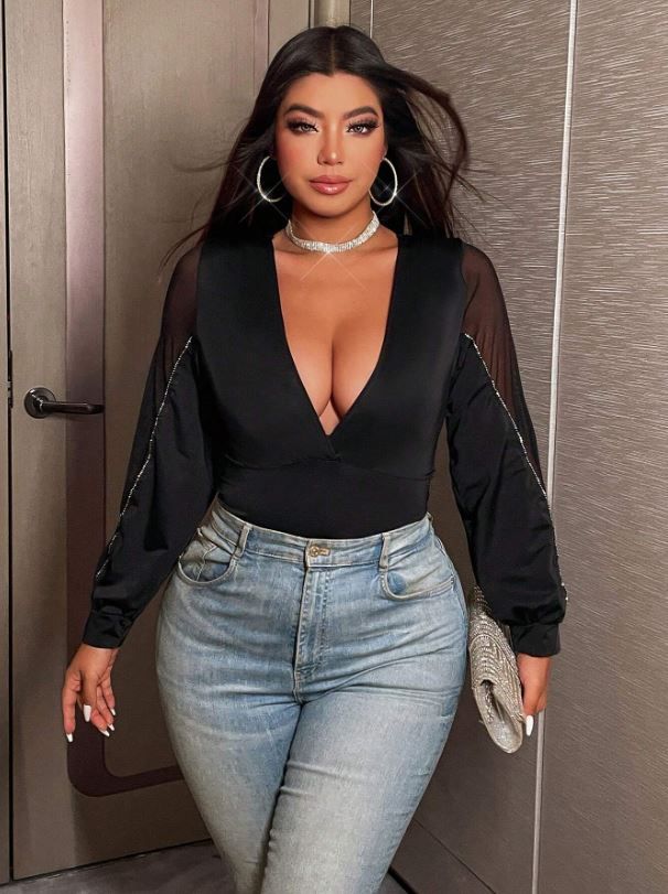 NU&amp;NOW Plus Size Sexy Deep V-Neck Mesh Contrast Bodysuit