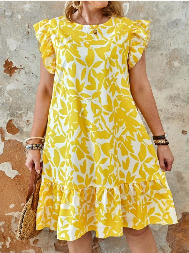 Round Neck Colorblock Allover Print Summer Dress