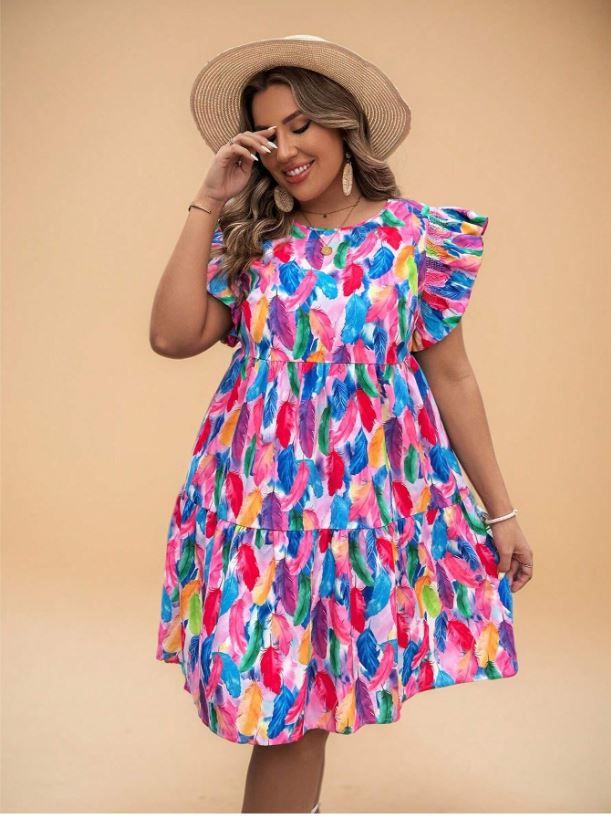 VCAY Plus Size Feather Print Dress