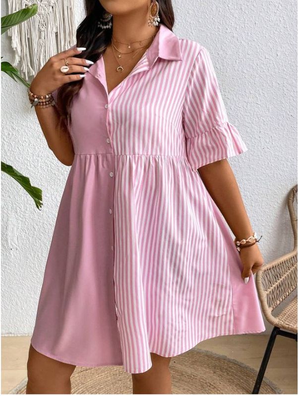 Celure Plus Size Striped Spliced Front Button Shirt Dress