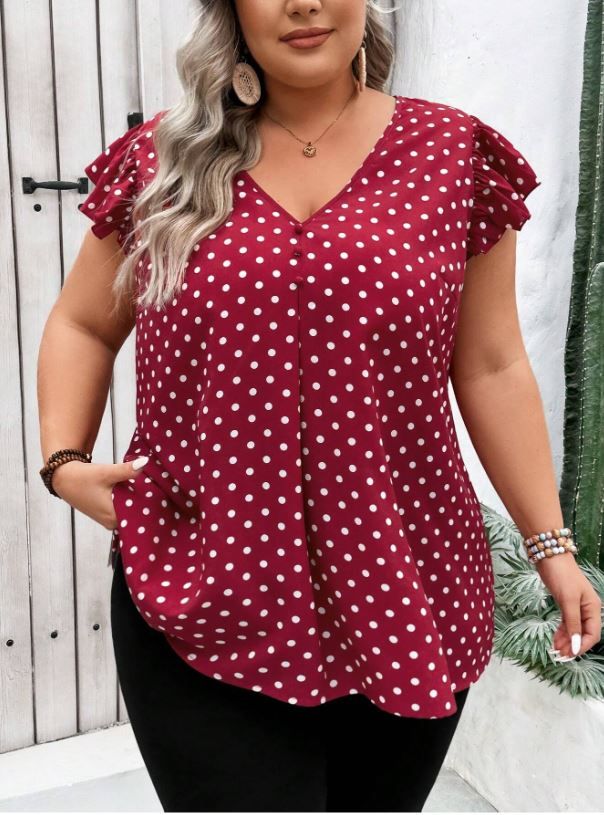 Red Polka Dot Printed Batwing Sleeve Blouse