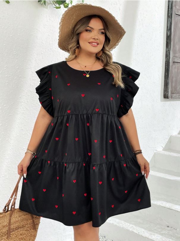 Heart Print Patchwork Loose Short Sleeve Dress