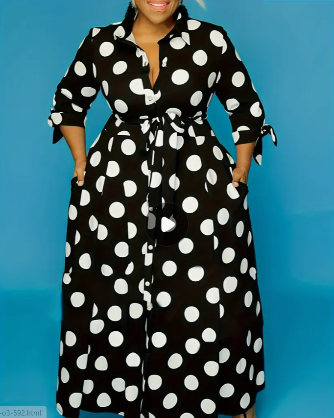 Women&#39;s Plus Polka Dots Print Button Up Collared Belted Maxi Dress