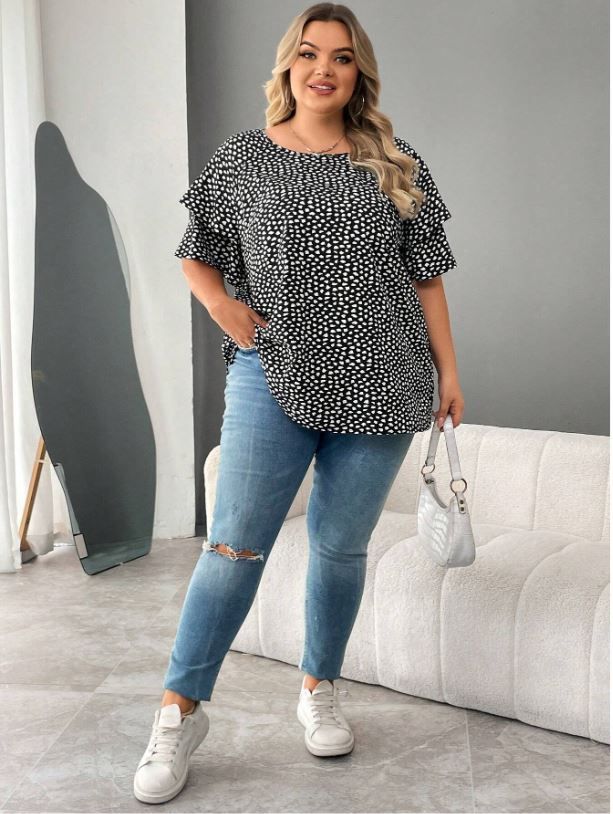 CURVE+ Floral Print Ruffled Sleeve Blouse