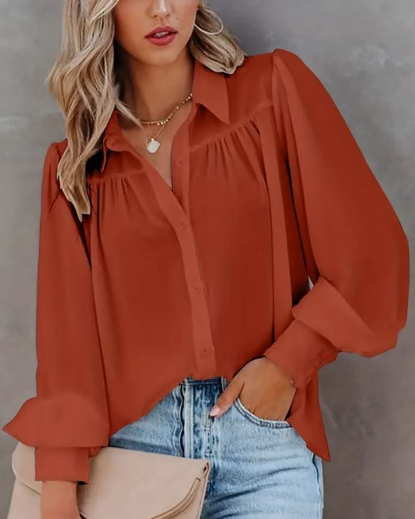 CURVE+ Lantern Sleeve, Button-Up Shirt with Collar