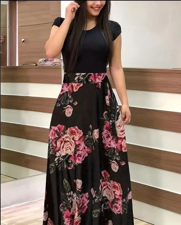 CURVE+ Flower Print Green Colorblock Dress