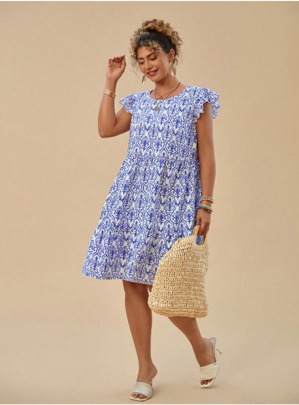 Travachic Plus Size Dress With Flutter Sleeves, Blue Floral Pattern