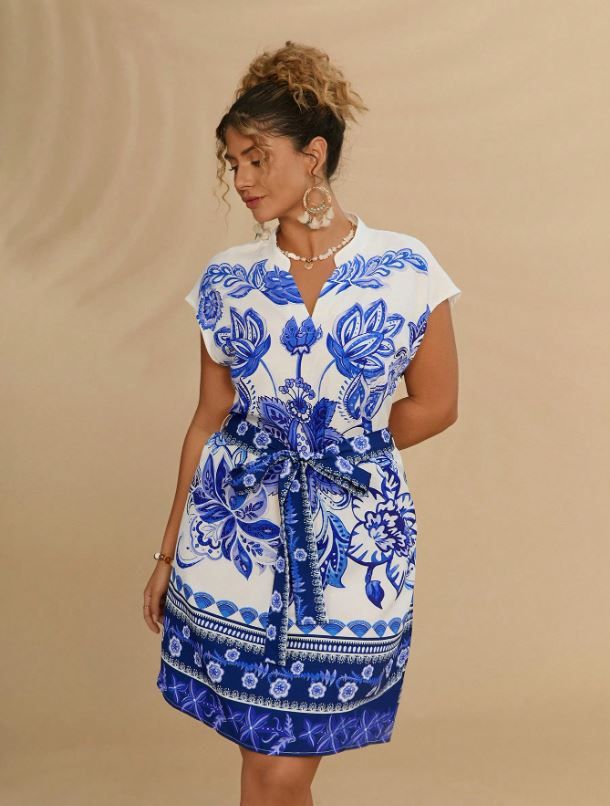 Travachic Plus Size Women&#39;s Casual Vacation Tropical Retro Print Brazil Style Collared Pullover Dress