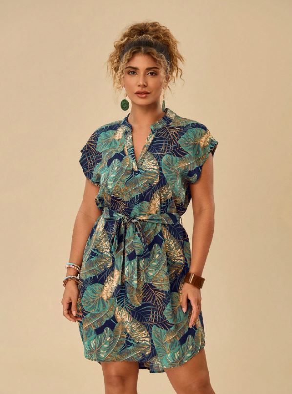 Travachic Plus Size Tropical Printed Batwing Short Sleeve Dress With Notched Neckline And Waist Belt