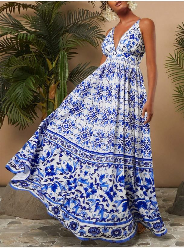 Travachic Woven Printed Deep V-Neck Criss Cross Backless Cami Dress