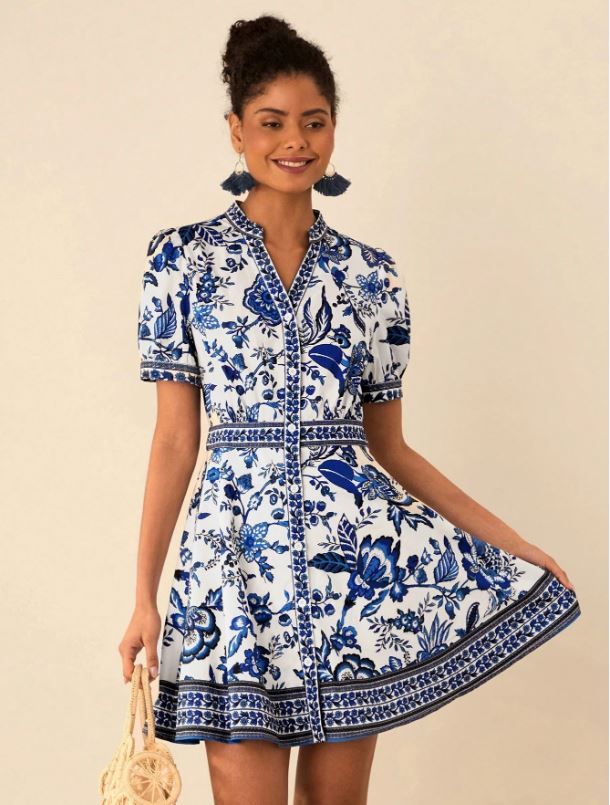 Travachic Women Floral Print V-Neck Short Puff Sleeve Mini Dress