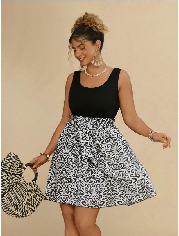 Travachic Plus Size Women Casual Print Color Block Short Dress
